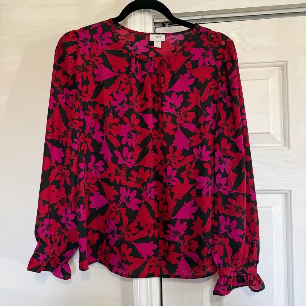 J.Crew Pink Red Floral Long Sleeve Blouse Size Small